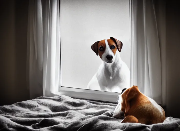 Image similar to photography of a Jack Russel . watching outside the window. on a bed. in a vintage room.,volumetric light, photorealistic,, award winning photo, 100mm, sharp, high res