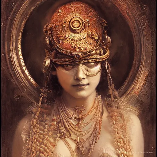 Image similar to detailed potrait of hindu traditional woman blindfolded by high - tech steam punk face armour, girl graceful,, painting by gaston bussiere, craig mullins, j. c. leyendecker, lights, art by ernst haeckel, john william godward, hammershøi,,