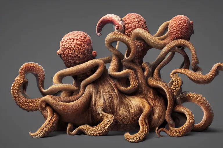 Prompt: a group of octopuses sitting next to each other on a table, a surrealist sculpture by john backderf, trending on zbrush central, pop surrealism, lovecraftian, cosmic horror, grotesque