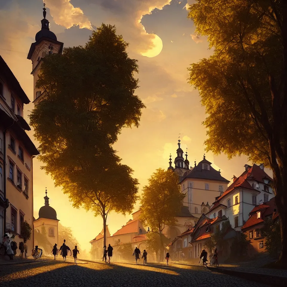 Image similar to a beautiful photo of banska stiavnica in summer with old houses and trees in sunset, sky, people walking on street, unreal engine, by greg rutkowski and james gurney, artstation