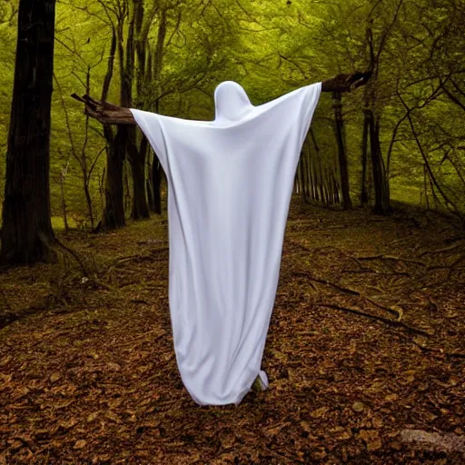 Prompt: a ghost in a sheet in spooky woods