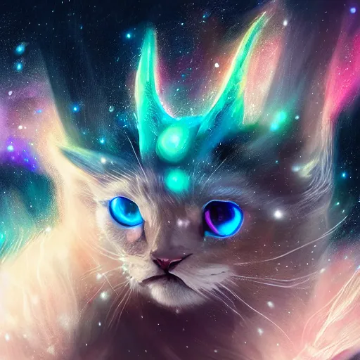 Prompt: a highly detailed galaxy cat with horns and wings in space, trending on artstation, digital art, 4k, high detail, cinematic, cinematic lighting, high detail, realistic, fantasy, by Danielle English, character portrait