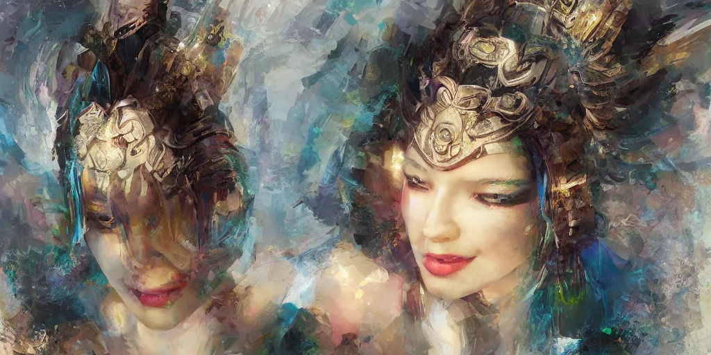 Image similar to Psychedelic portrait of a smiling Goddess by Stanley Artgerm Lau, Ruan Jia and Fenghua Zhong