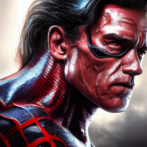 Image similar to Arnold Schwarzenegger as spiderman terminator , muscle extremely detailed, fantastic details full face, mouth, trending on artstation, pixiv, cgsociety, hyperdetailed Unreal Engine 4k 8k ultra HD, WLOP