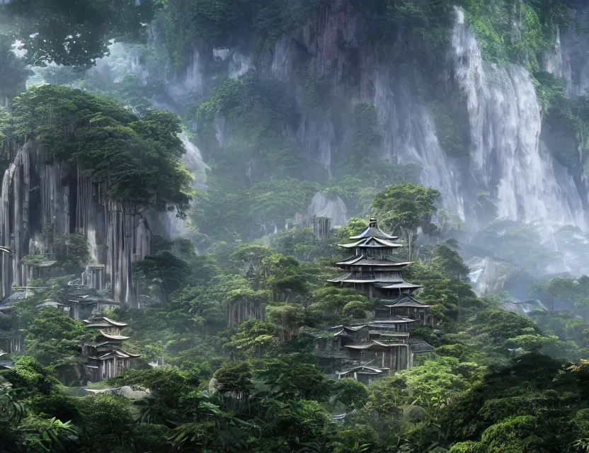 Image similar to a cinematic widescreen photo of cyberpunk japanese cloud temples on a terraced mountain in a misty bamboo cloud forest with colossal waterfalls at dawn by studio ghibli and roger dean, terraced, mystical, gardens by the bay