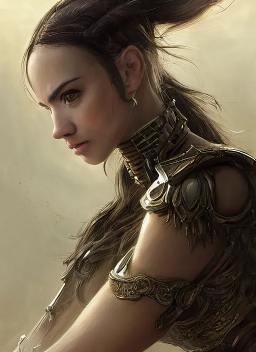 Image similar to a professional portrait of a beautiful young female, clothed in ethereal battle armor, olive skin, long dark hair, beautiful bone structure, symmetrical facial features, intricate, elegant, digital painting, concept art, smooth, sharp focus, finely detailed, illustration, from Valerian and the City of a Thousand Planets, in the style of Ruan Jia and Mandy Jurgens and Artgerm and Greg Rutkowski and William-Adolphe Bouguerea