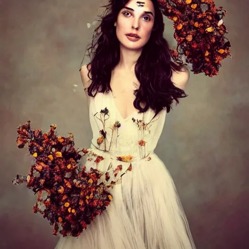 Image similar to full body fine art photo of the beauty gal gadot, she has a crown of dried flowers and she is wearing a fashionist conceptaul dress made of dried roses, taken by oleg oprisco