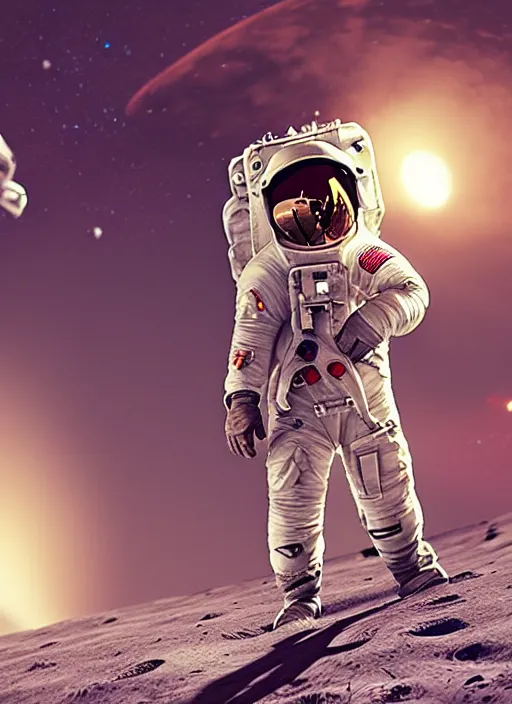 Image similar to astronaut on the moon, in the style of supercell, 8 k, shallow depth of field, intricate detail, 3 d render,