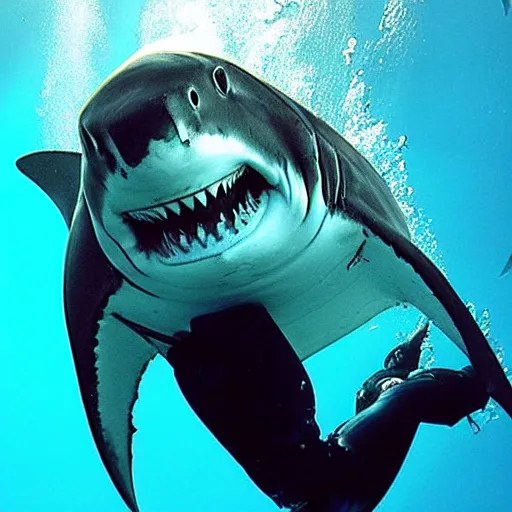 Image similar to mark wahlberg in a shark costume diving under water during shark week.