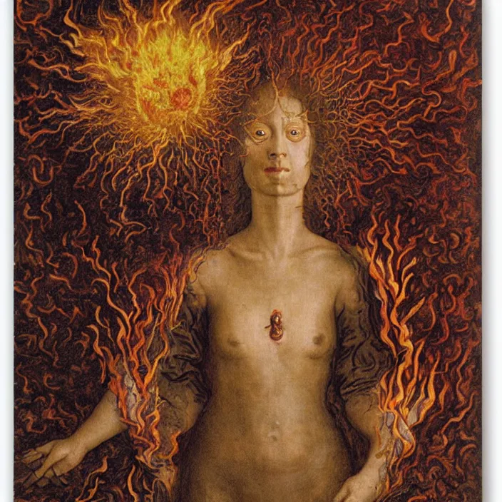 Prompt: a woman with a third eye exploding with flowers, standing in fire, by Jan van Eyck