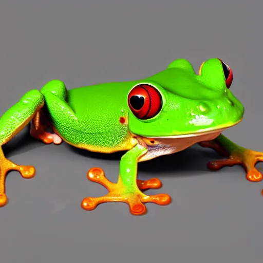 Prompt: a red - eyed tree frog with eye patch, 3 d model, high quality, sharp focus