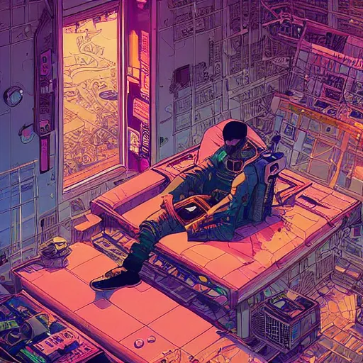 Image similar to Stunningly intricate illustration of a cyberpunk explorer playing video games in his treehouse, highly detailed, midnight, by Victo Ngai and James Gilleard , Moebius, Laurie Greasley