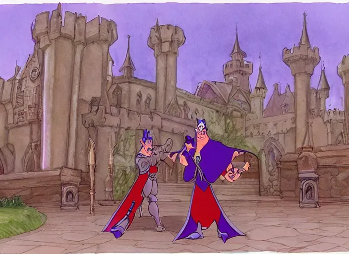 Image similar to animation key shot of a knight, gothic castle in the background, by don bluth