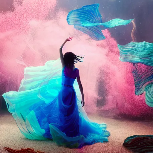 Image similar to woman dancing underwater wearing a flowing dress made of many translucent layers of blue, magenta, and yellow lace seaweed, delicate coral sea bottom, swirling silver fish, swirling smoke shapes, unreal engine, caustics lighting from above, cinematic, hyperdetailed