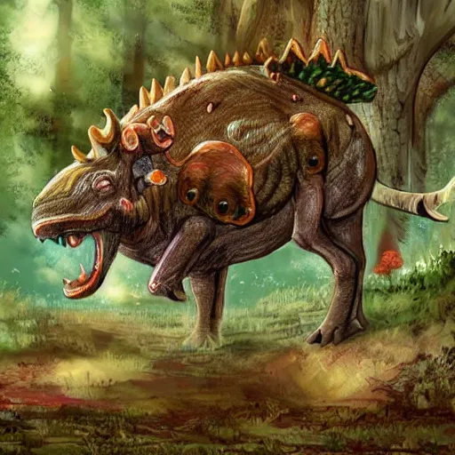 Prompt: a triceratops made of mushrooms, in the style of Princess Mononoke