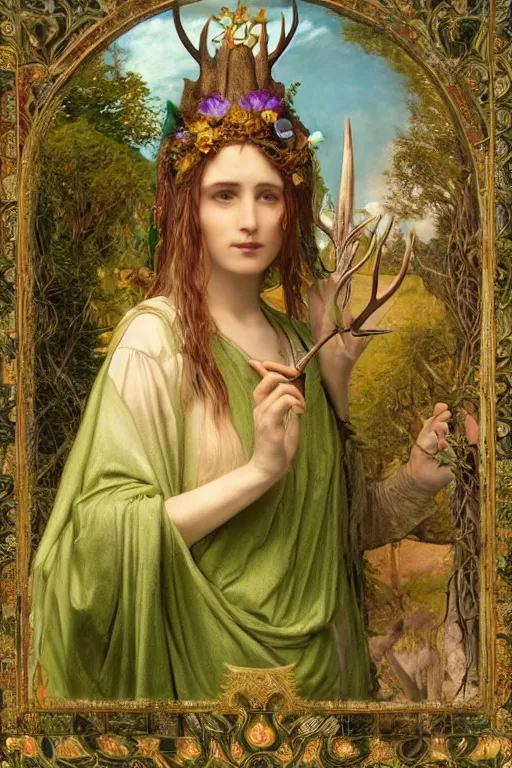 Prompt: beautiful priestess with antlers on her head in a garden | pre-Raphaelites | gleaming green and gold silk brocade| dramatic lighting | Evelyn De Morgan and John Waterhouse |unreal engine