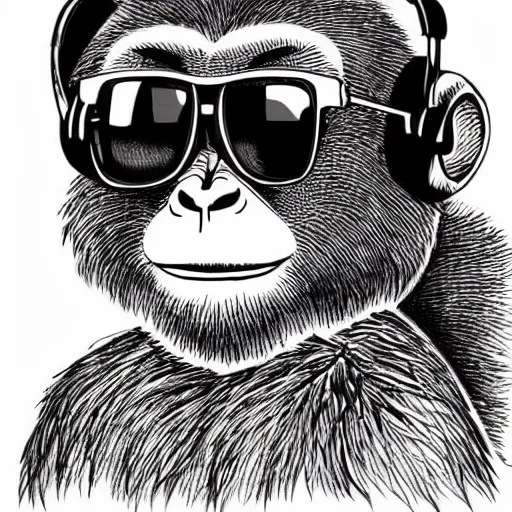 Prompt: colorful cute monkey with sunglasses and headphones, intricate ink drawing, highly detailed in the style of banksy