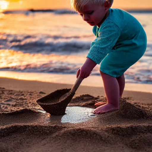 Prompt: little blond girl, making a sandcastle!!! on an Australian Beach, (((red)))!!! sand, shovel, waves, golden hour, Canon EOS R3, f/1.4, ISO 200, 1/160s, 8K, RAW, unedited, symmetrical balance, in-frame