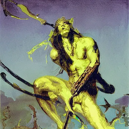 Image similar to ornate fluorescent yellow, fluorescent by margaret modlin, by walter ernest webster, by pascale campion. a photograph of hercules after he has completed one of his twelve labors, the killing of the hydra. he is standing over the dead hydra, covered in blood clutching a sword that slew the beast. his face is expressionless.