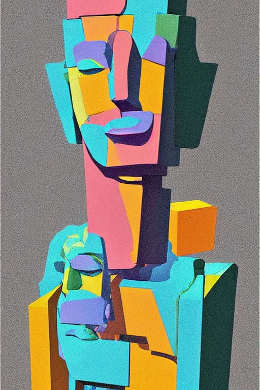 Image similar to cubist moai statue cutout digital illustration cartoon colorful beeple