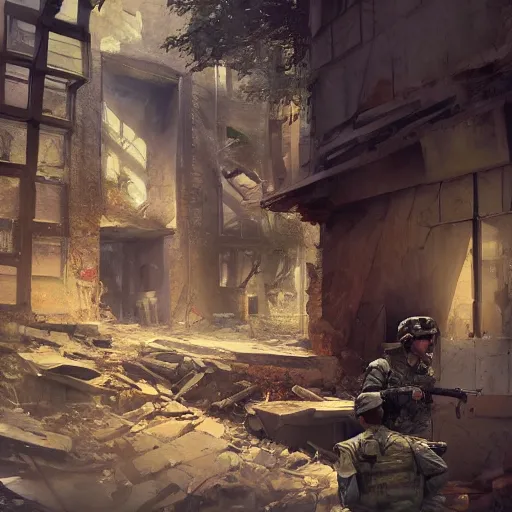 Prompt: American soldiers entering the ruins of an apartment, cinematic, professional photography, low-angle, behance, digital art, WLOP, Mandy Jurgens, ArtStation