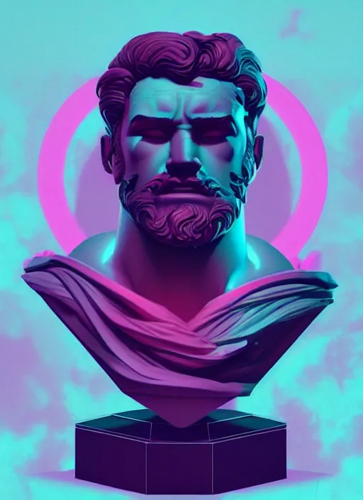 Prompt: bust of hercules, beeple, james gilleard, vaporwave, retrowave, black background, neon wiring, black, glitch, strong contrast, cuts, pinterest, trending on artstation