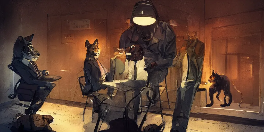 Prompt: a tiger in a suit is being interrogated by a detective dog at the police station, zenith view, warm color palette, night time, dramatic lighting, noir film, fine details, high contrast, blacksad, kim jung gi, greg rutkowski, trending on artstation, 8 k, ultra wide angle