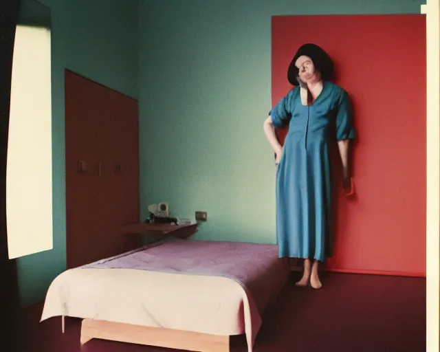 Image similar to a woman standing in a bedroom next to a bed, a colorized photo by Wilhelm Sasnal, tumblr, precisionism, 1970s, matte photo, provia