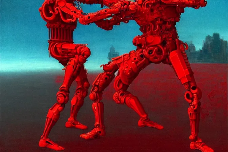 Image similar to only with red, a red cyborg samurai, tokio futuristic in background, some evil yokai fight, in the style of beksinski, parts by edward hopper, parts by rodcenko, parts by yue minjun, intricate and epic composition, red by caravaggio, insanely quality, highly detailed, masterpiece, red light, artstation, 4 k