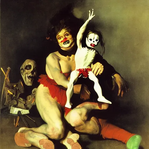 Image similar to a scary ventriloquist dummy by, Eugène Delacroix and Francis Bacon and Micheal Whelan and Michelangelo Merisi da Caravaggio and Franz Xaver Winterhalter