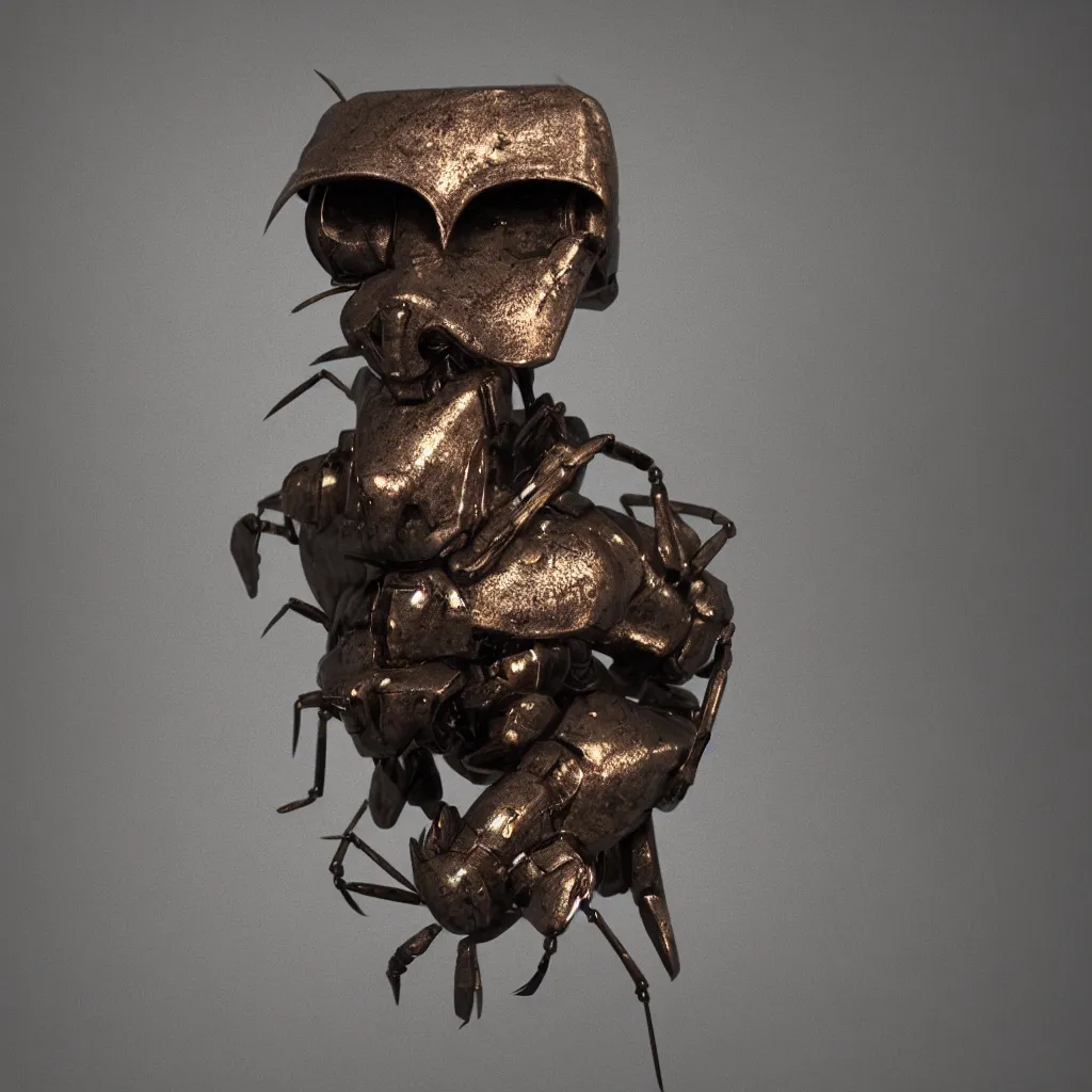 Prompt: ant head made of riveted steel sheet metal, octane render, trending on Artstation, soft noise gradient background