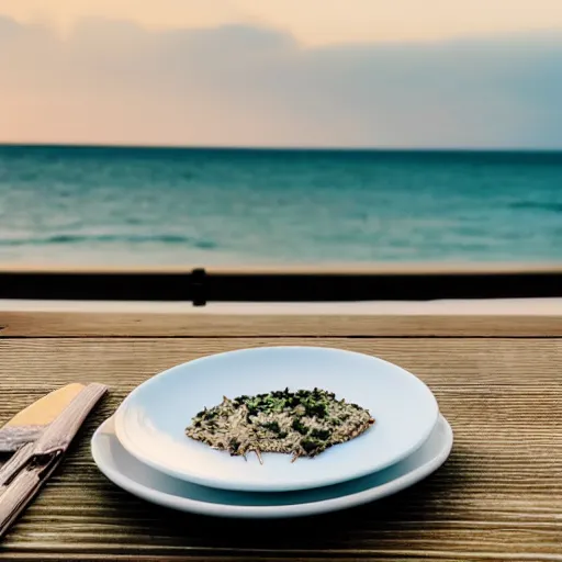 Image similar to photo of a empty white dish over a table with a sunset on the beach in the background