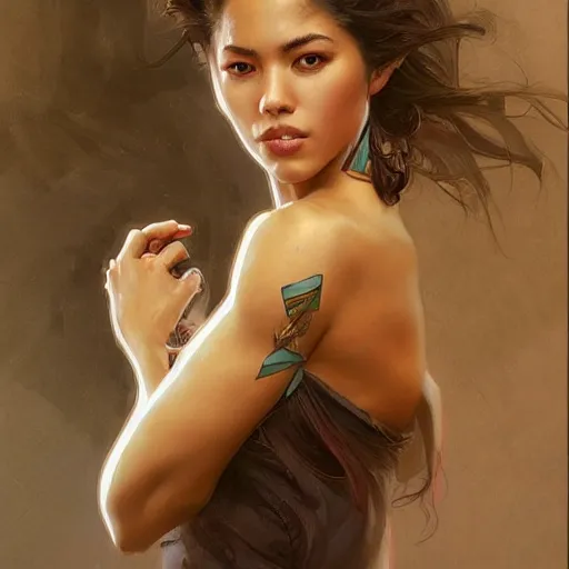 Image similar to megan batoon, dancing, lifelike, portrait, highly detailed, digital painting, artstation, concept art, sharp focus, illustration, cinematic lighting, art by artgerm and greg rutkowski and alphonse mucha