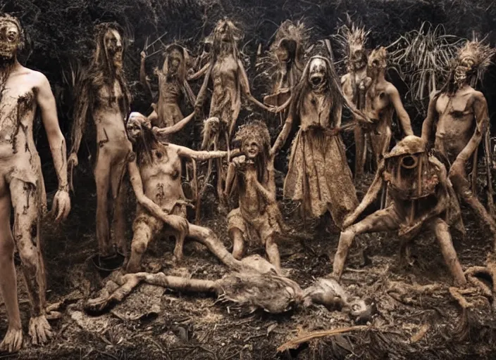 Image similar to sensual scene from art house film by alejandro jodorowsky, roger ballen : : surreal scene of an occult ritual in a picturesque outdoors setting : : mirrors, ashes, new guinea mud man, costumes, snakes, smoke, burned dolls : : close - up of the actors'faces : : technicolor, 8 k