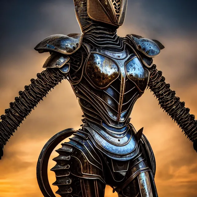 Prompt: full body photo of a beautiful cute strong warrior queen wearing insectoid armour, highly detailed, 8 k, hdr, smooth, sharp focus, high resolution, award - winning photo