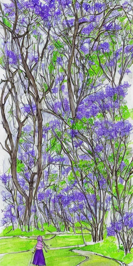 Prompt: <<https://s.mj.run/nQvqF0TB45Q>> , hand drawn illustration, walking among the jacarandas