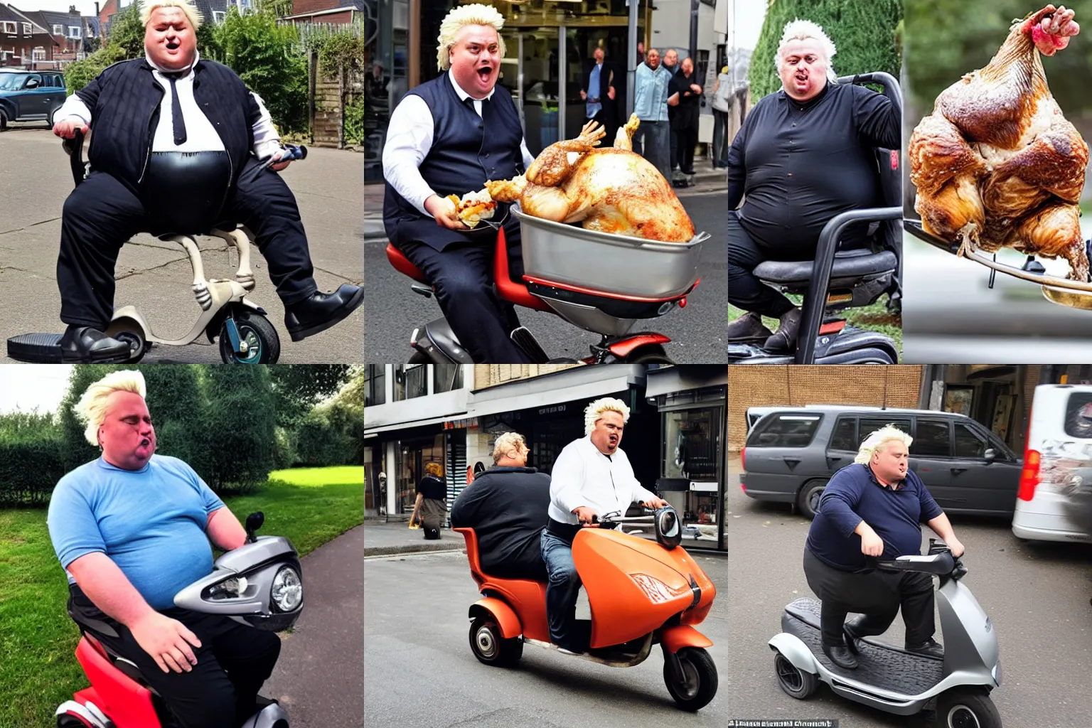 Prompt: morbidly obese geert wilders eating a whole chicken while sitting in a mobility scooter