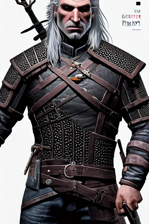 Image similar to portrait of geralt of rivia, 5 5 mm lens, professional photograph, times magazine, serious, stern look, zoomed out