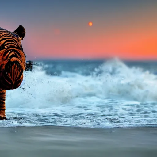 Image similar to a closeup photorealistic photograph of a cute stylish tiger hippo playing volleyball at the beach during sunset. Surf in the background. This 4K HD image is Trending on Artstation, featured on Behance, well-rendered, extra crisp, features intricate detail and the style of Unreal Engine.