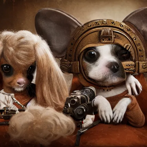 Image similar to closeup portrait of little dogs with rifles retro living room of dog family, depth of field, zeiss lens, detailed, centered, fashion photoshoot, by nicoletta ceccoli, mark ryden, lostfish, breathtaking, 8 k resolution, extremely detailed, beautiful, establishing shot, artistic, hyperrealistic, octane render,