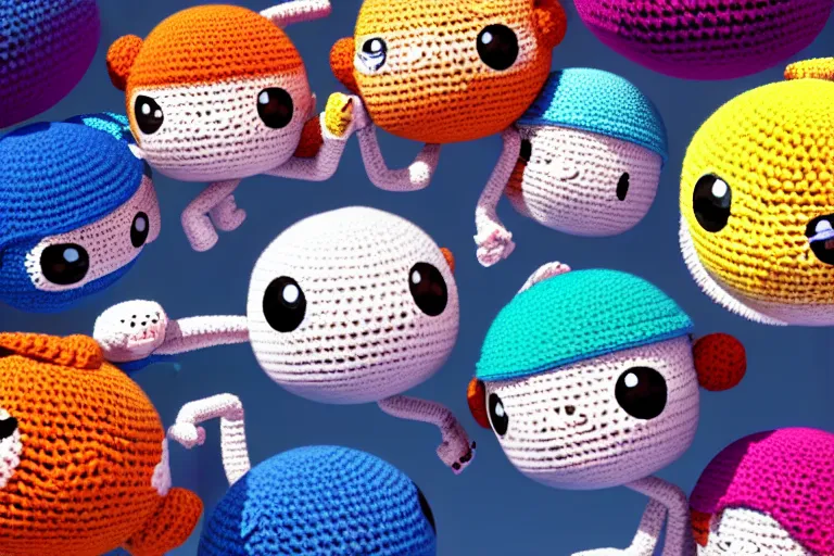 Image similar to an expedition of crochet cute astronauts climbing a yarn wall. cute, illustration, digital art, inspired by little big planet, by greg rutkowski, detailed, sharp, masterpiece, highly detailed, photorealistic, octane render, 8 k, unreal engine 5, trending on artstation, vivid colors, cinematic, close up