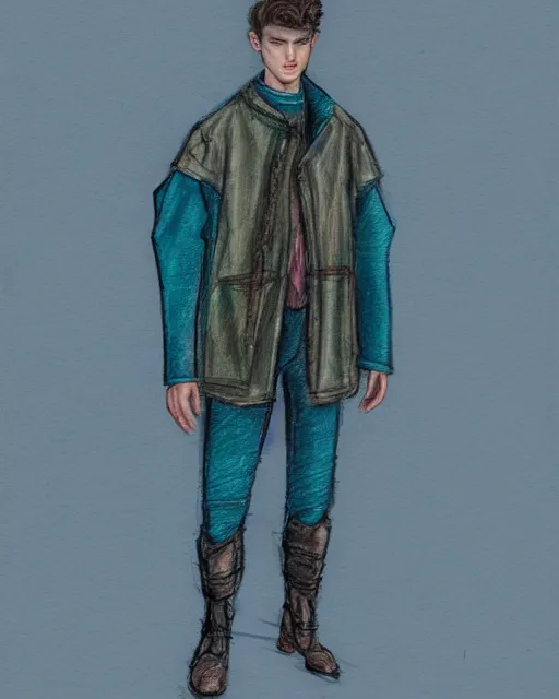 Prompt: pencil sketch of a male model wearing a baggy teal distressed medieval menswear motorcycle jacket by issey miyake, 4 k, studio lighting, wide angle lens