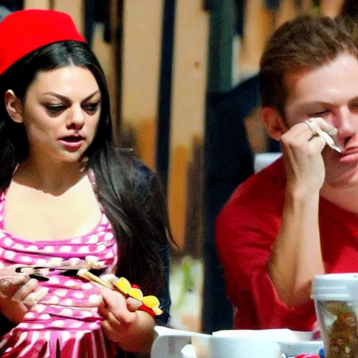 Image similar to mila kunis eating a hot dog with chopsticks, mixed with party clowns