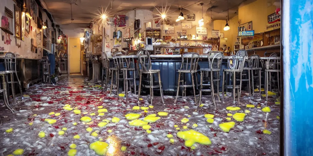 Image similar to inside a leaking freezer of melting ice cream cases is in an old fashioned ice cream parlor. the leak has made a colorful puddle of melted ice cream on the floor and is reminiscent to the shape of werewolf fangs. there is an eerie voluminous blue electric glow to the environment.