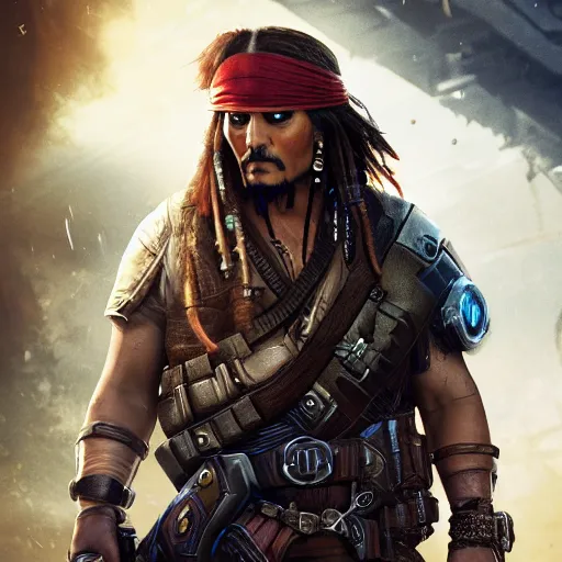 Prompt: captain jack sparrow in'gears of war '!!!, splash art, movie still, cinematic lighting, dramatic, octane render, detailed face, long lens, shallow depth of field, bokeh, anamorphic lens flare, 8 k, hyper detailed, 3 5 mm film grain