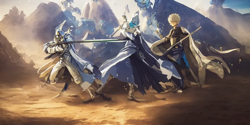 Prompt: blue knight holding a gold sword, green hatchback car screen left, low wide angle, anime, desert landscape, greg rutkowski, Murata, one punch man manga, cinematic, digital art, hyper realistic