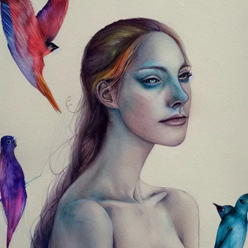 Image similar to watercolor woman with birds by anna dittmann, by marco mazzoni