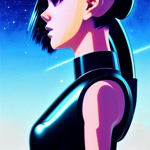 Image similar to side portrait scifi cyborg girl with robotic parts and spacesuit | | head only in center of image, audrey plaza, fine detail!! anime!! realistic shaded lighting!! poster by ilya kuvshinov katsuhiro otomo ghost - in - the - shell, magali villeneuve, artgerm, jeremy lipkin and michael garmash and rob rey