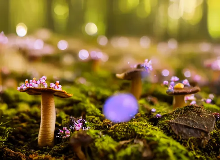 Image similar to a fantasy forest on an alien planet with delicate flowers and mushrooms that glow in the dusk, macro close up, f32, bokeh,