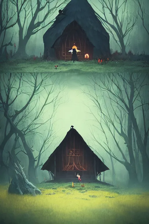 Image similar to a scary lonely witch's hut in the forest a lot of crows circling from above the view at the foot rule of thirds golden ratio, fake detail, trending pixiv fanbox, acrylic palette knife, style of makoto shinkai studio ghibli genshin impact james gilleard greg rutkowski chiho aoshima